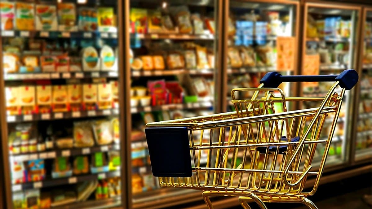 Arándanos congelados en bolsa abierta sobre superficie metálica fría con condensación, iluminación clínica de seguridad alimentaria